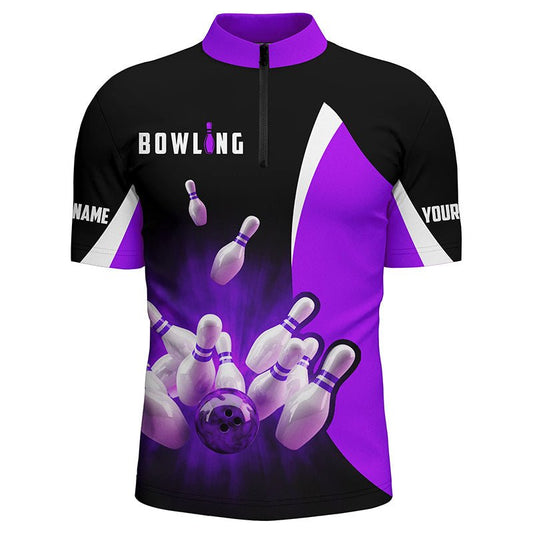 Personalisierte Bowling-Shirts Retro Schwarz und Lila Bowling Quarter Zip Shirts für Herren, Bowling Team Trikot Q6937 - Climcat