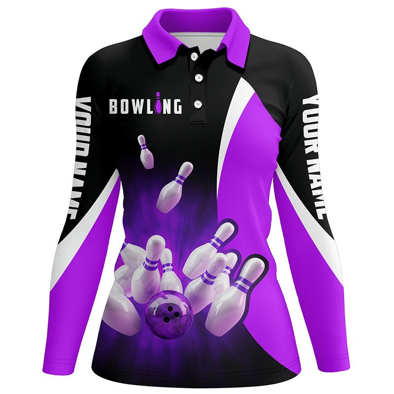 Personalisierte Bowling-Shirts - Retro Schwarz und Lila - Damen Bowling Polo-Shirts - Bowling Team Trikots Q6937 - Climcat