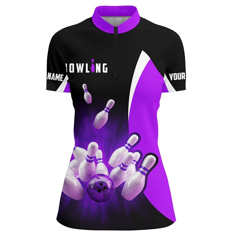 Personalisierte Bowling-Shirts: Retro Schwarz und Lila, Damen Bowling Quarter Zip Shirt, Bowling Team Trikot Q6937 - Climcat