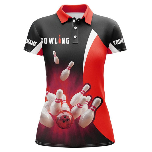 Personalisierte Bowling-Shirts - Retro Schwarz und Rot - Damen Bowling Polo-Shirts - Bowling Team Trikots Q6936 - Climcat