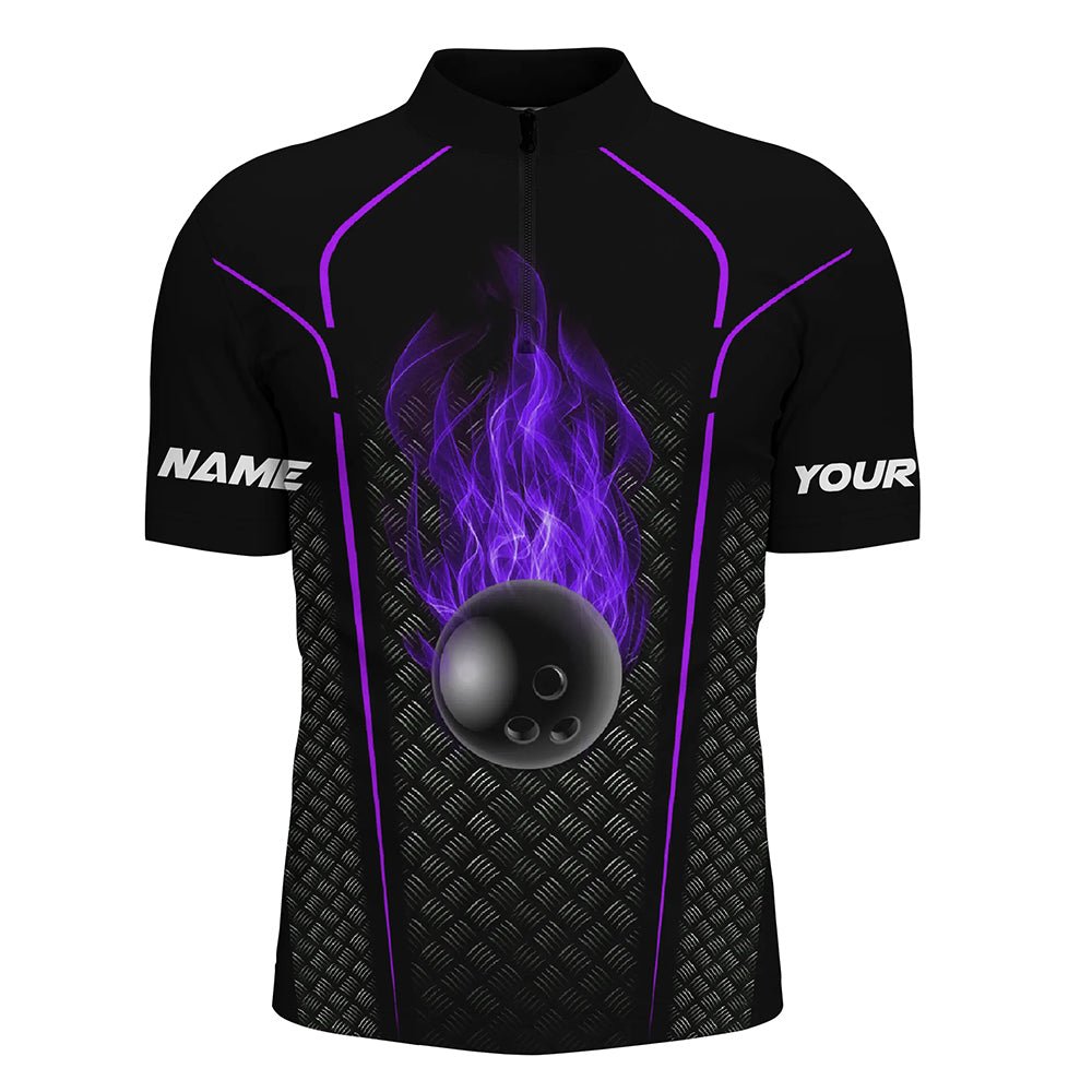 Personalisierte Bowling-Shirts: Schwarzes Bowlingball-Feuer Viertelreißverschluss-Bowling-Trikot 3D Bowling Team Shirt für Herren | Lila Q7053 - Climcat