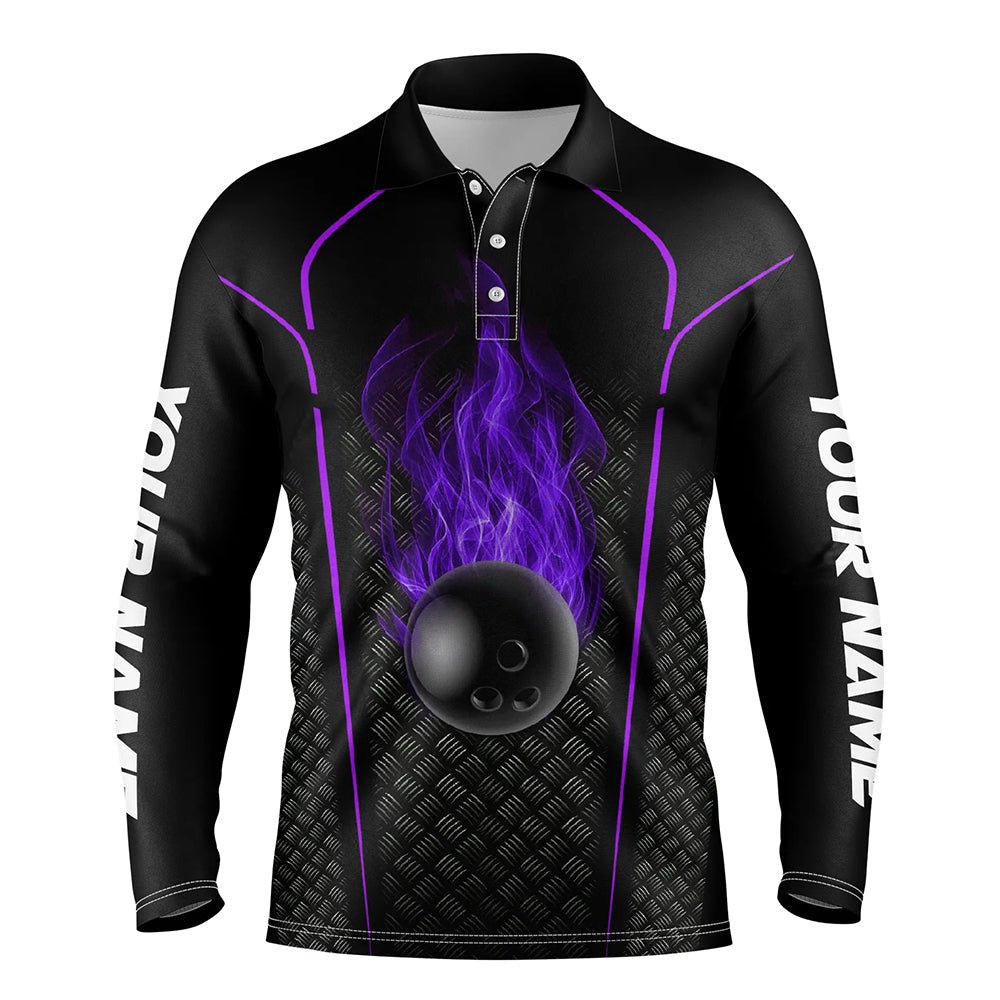 Personalisierte Bowling-Shirts: Schwarzes Feuer-Bowlingball-Custom-Polo-Bowling-Trikot 3D Bowling Team Shirt für Herren | Lila Q7053 - Climcat