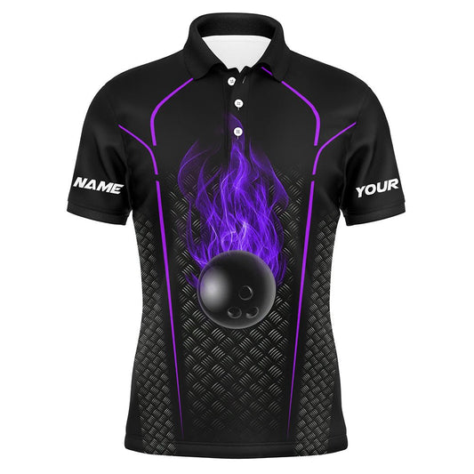 Personalisierte Bowling-Shirts: Schwarzes Feuer-Bowlingball-Custom-Polo-Bowling-Trikot 3D Bowling Team Shirt für Herren | Lila Q7053 - Climcat