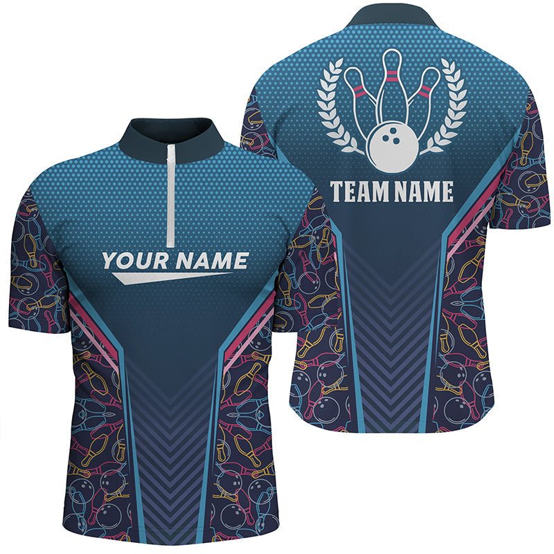 Personalisierte Bowling-Team-Liga-Trikots Geschenk für Bowler Q6832 - Blaues Tarnmuster Herren Viertelreißverschluss-Shirt - Climcat