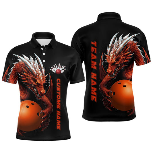 Personalisierte Bowling Team Polo Shirts mit rotem Flammenmuster, Drachen Bowling Shirts für Herren, Bowling Ball Trikots P5233 - Climcat