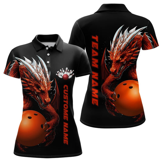 Personalisierte Bowling Team Polo Shirts mit rotem Flammenmuster, Dragon Bowling Shirts für Damen P5233 - Climcat