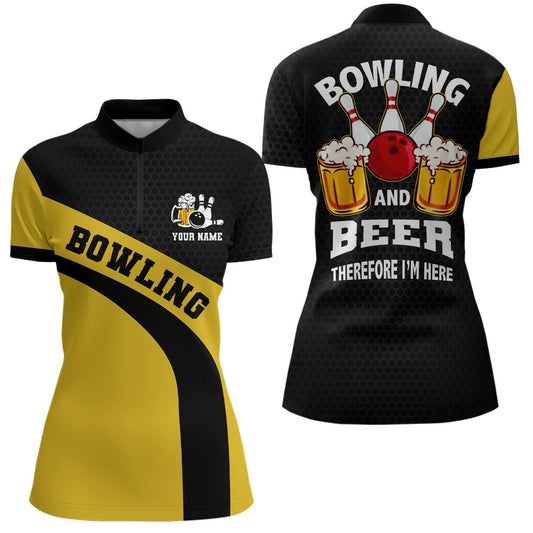 Personalisierte Bowling Team Quarter Zip Shirt für Damen in Schwarz und Gelb mit Bowling- und Biermotiv - Q6566 - Climcat