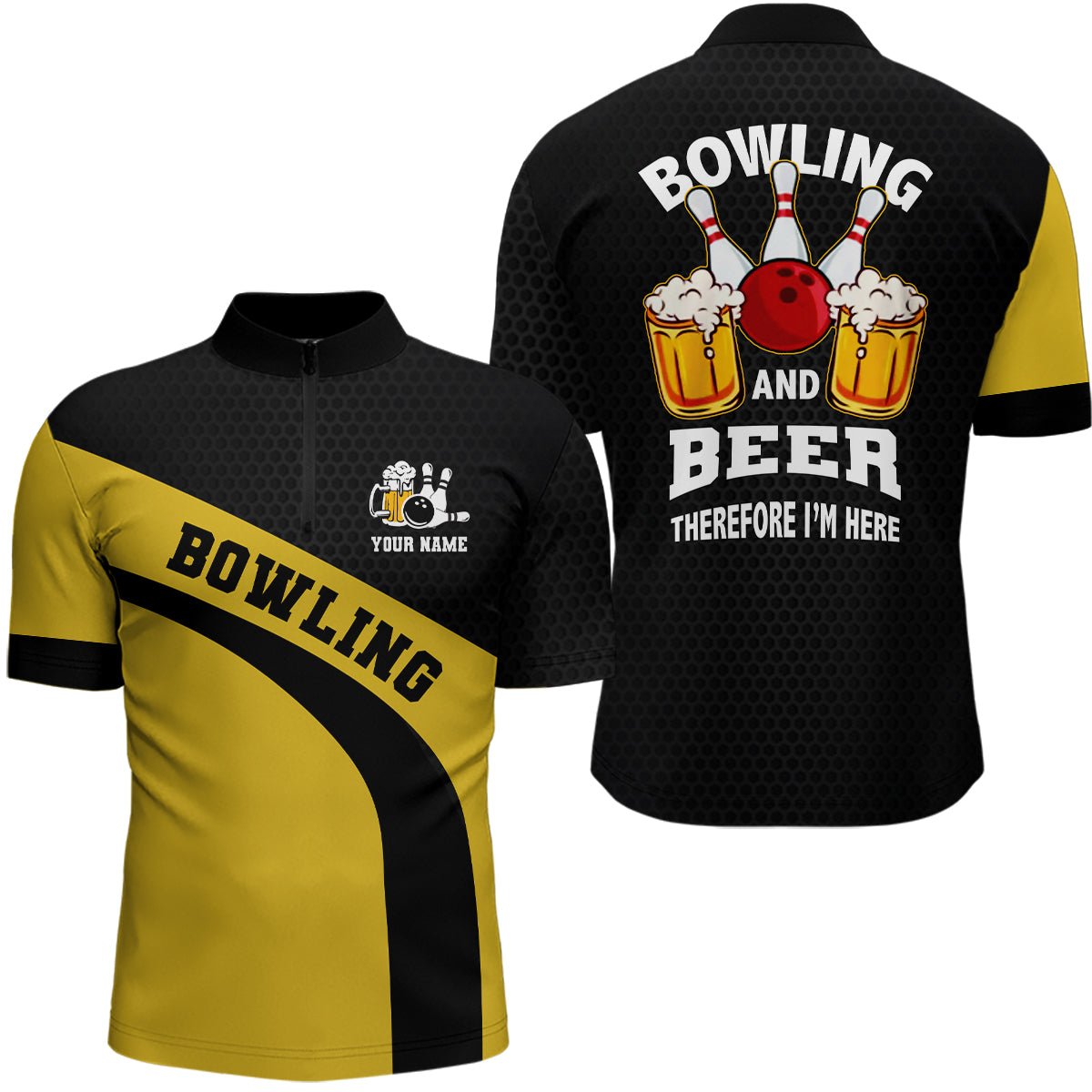 Personalisierte Bowling Team Quarter Zip Shirt für Herren in Schwarz und Gelb - Perfekt für Bowling und Bier - Q6566 - Climcat