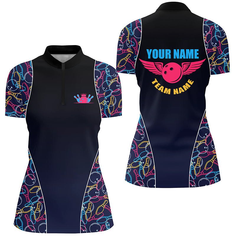 Personalisierte Bowling-Teamtrikots für Damen, individuell gestaltete Bowling-Muster Quarter-Zip Shirts Q5492 - Climcat