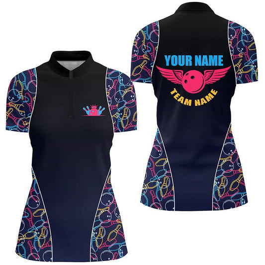 Personalisierte Bowling-Teamtrikots für Damen, individuell gestaltete Bowling-Muster Quarter-Zip Shirts Q5492 - Climcat