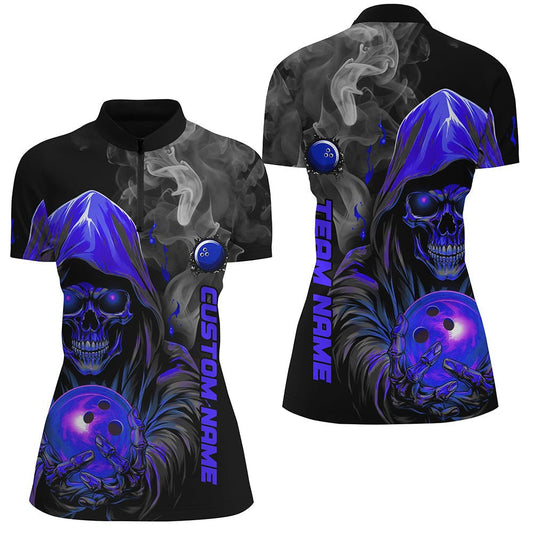 Personalisierte Bowling-Trikots für Damen - Blaues Skull-Design - Viertelreißverschluss - Rauch-Bowling-Teamshirts für Bowlerinnen P5406 - Climcat