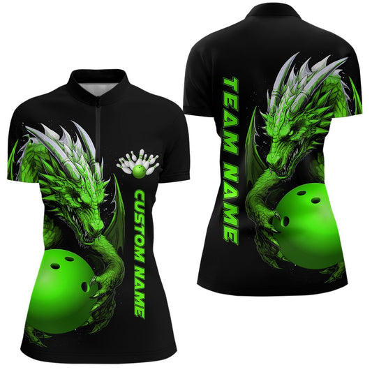 Personalisierte Bowling-Trikots für Damen mit grünem Drachenmotiv - Viertelreißverschluss, Team-Bowling-Jerseys, Bowling-Bekleidung P5295 - Climcat