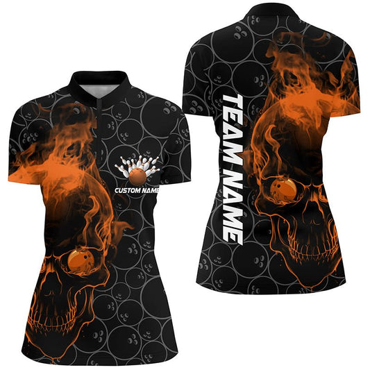 Personalisierte Bowling-Trikots für Damen mit orangem Totenkopf-Design - Team Bowling Shirts für die Bowling Liga P5415 - Climcat