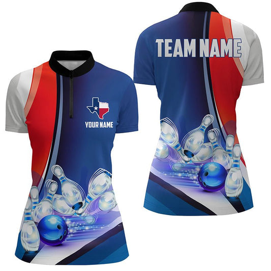 Personalisierte Bowling-Trikots für das Texas Bowling Team, Damen Bowling Strike Shirts mit Viertelreißverschluss, patriotisches Design P5267 - Climcat