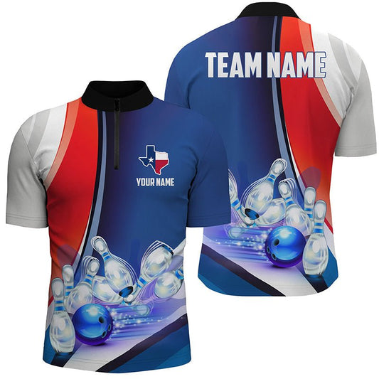 Personalisierte Bowling-Trikots für das Texas Bowling Team, Herren Bowling Strike Trikots mit Viertelreißverschluss, patriotisches Design für Texaner P5267 - Climcat