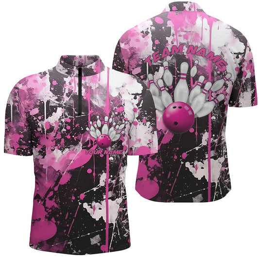 Personalisierte Bowling-Trikots für Herren im Pink Camo Design mit Viertelreißverschluss - Bowling Liga Trikots von Strike Bowling P5411 - Climcat