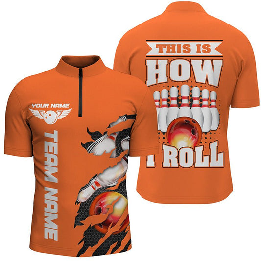 Personalisierte Bowling-Trikots für Herren: Orange Team Quarter Zip Shirts mit individuellem Namen P5268 - Climcat