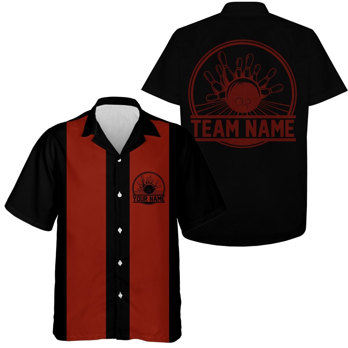 Personalisierte Bowlinghemden für Herren in Schwarz und Rot, Retro-Des