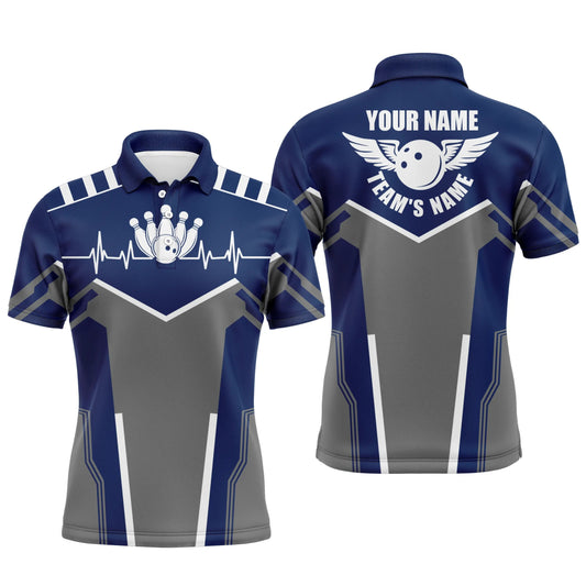 Personalisierte Bowlinghemden für Herren mit individuellem Namen und Teamnamen | Bowlingkugel & Pins Herren Poloshirts | Marineblau Q4900 - Climcat