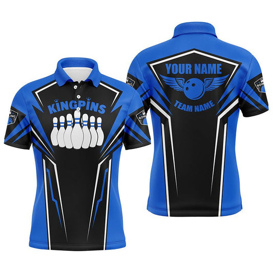 Personalisierte Bowlinghemden für Herren mit individuellem Namen und Teamnamen | King Pins Bowling Trikots, Bowling Team Shirts | Blau Q4522 - Climcat