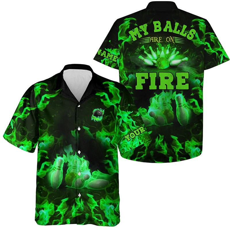 Personalisierte Bowlinghemden - Grünes Flammen-Design - Hawaiianisches Hemd - Knopfleiste - Individuell gestaltbar - Q6458 - Climcat