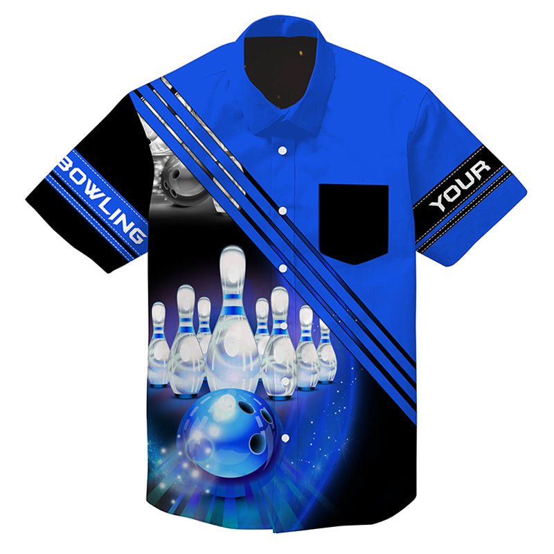 Personalisierte Bowlinghemden - Hawaiianisches Design für Bowlingball und Pins Team | Knopfleiste | Blau Q4452 - Climcat