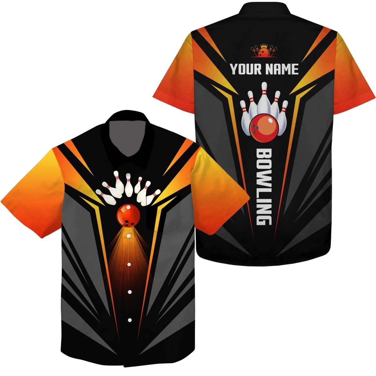 Personalisierte Bowlinghemden - Hawaiianisches Design - Schwarz-Orange - Teamshirt mit Bowlingkugel und Pins - Q4458 - Climcat