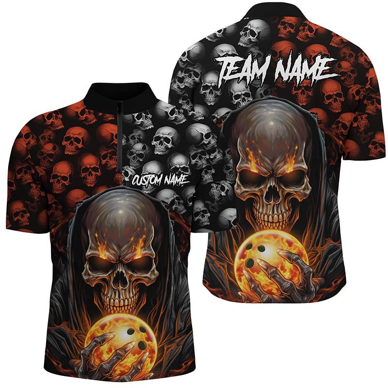 Personalisierte Bowlinghemden mit Totenkopf für Herren - Viertelreißverschluss - Bowling-Liga-Teamtrikots - Bowling-Halloween-Outfits P5346 - Climcat