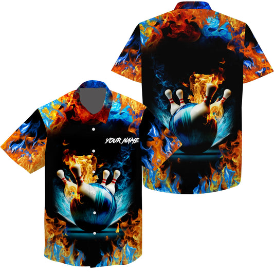 Personalisierte Bowlinghemden mit Wasserfeuer-Hintergrund und individuellem Namen für Herren, Bowling-Teamhemden Q4705 - Climcat