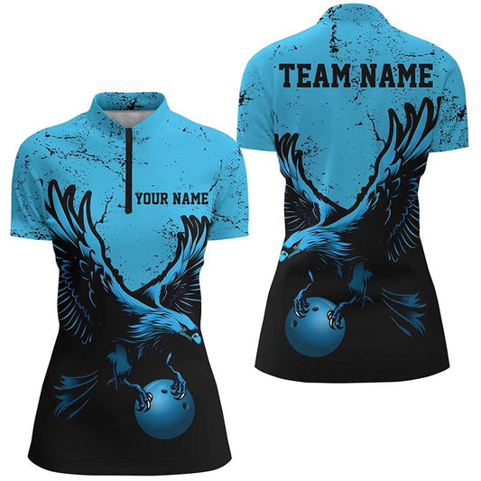 Personalisierte Bowlingshirts für Damen - Blauer Adler - Viertelreißverschluss - Grunge Vintage Bowling Team Trikots P5342 - Climcat