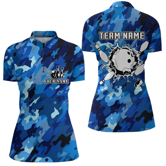 Personalisierte Bowlingshirts für Damen - Blaues Tarnmuster mit individuellem Bowlingball und Pins - Team Jersey Q6285 - Climcat