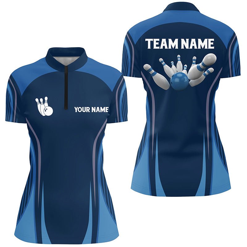 Personalisierte Bowlingshirts für Damen - Blaues Vintage-Design mit Bowlingkugel und Pins - Individuell gestaltbare Bowling Team Trikots Q6391 - Climcat
