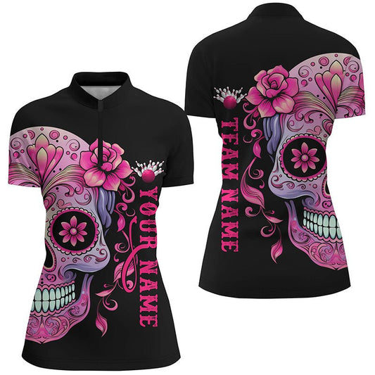 Personalisierte Bowlingshirts für Damen mit Pinkem Sugar Skull Tattoo, Viertelreißverschluss, Halloween Bowlingshirts P5243 - Climcat