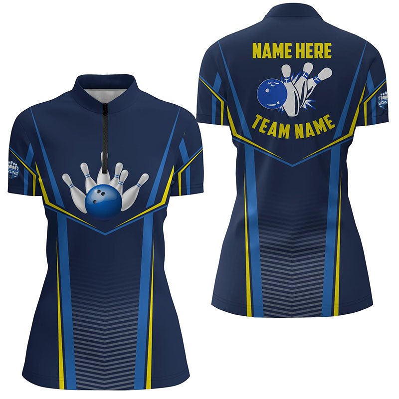 Personalisierte Bowlingshirts für Damen mit Viertelreißverschluss, individuelle Bowlingkugelstifte, Bowling-Team-Ligashirt | Blau Q6210 - Climcat