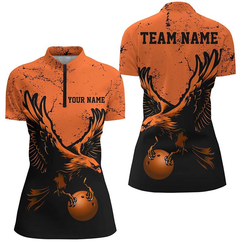 Personalisierte Bowlingshirts für Damen - Orange Adler Design - Viertelreißverschluss - Grunge Vintage Bowling Team Trikots P5343 - Climcat