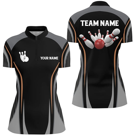 Personalisierte Bowlingshirts für Damen - Schwarzes Vintage Bowling Team Trikot mit individuellem Bowlingball und Pins - Q5246 - Climcat