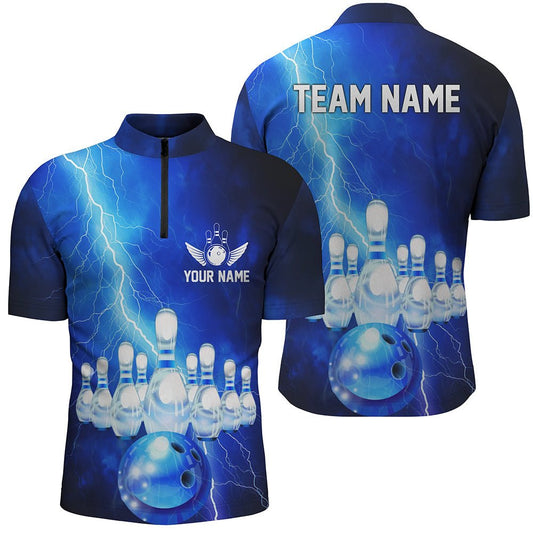 Personalisierte Bowlingshirts für Herren - Blauer Blitz und Donner - Viertelreißverschluss - Teamshirts P5349 - Climcat