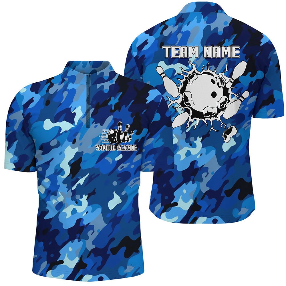 Personalisierte Bowlingshirts für Herren | Blaues Tarnmuster | Individuelle Gestaltung | Bowling Team Trikot Q6285 - Climcat