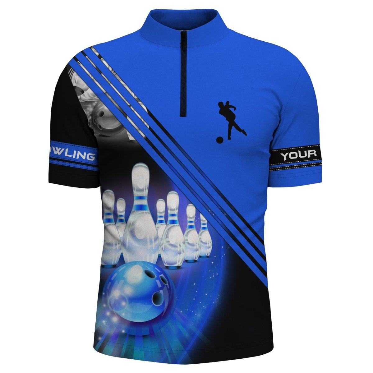 Personalisierte Bowlingshirts für Herren | Individuelles Bowlingkugel und Pins Teamshirt | Blaue Bowlingtrikots Q4452 - Climcat