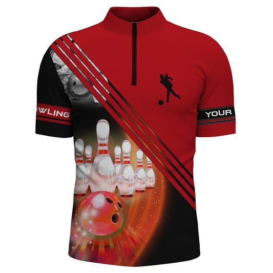 Personalisierte Bowlingshirts für Herren | Individuelles Bowlingkugel und Pins Teamshirt | Bowling Trikots | Rot Q4452 - Climcat