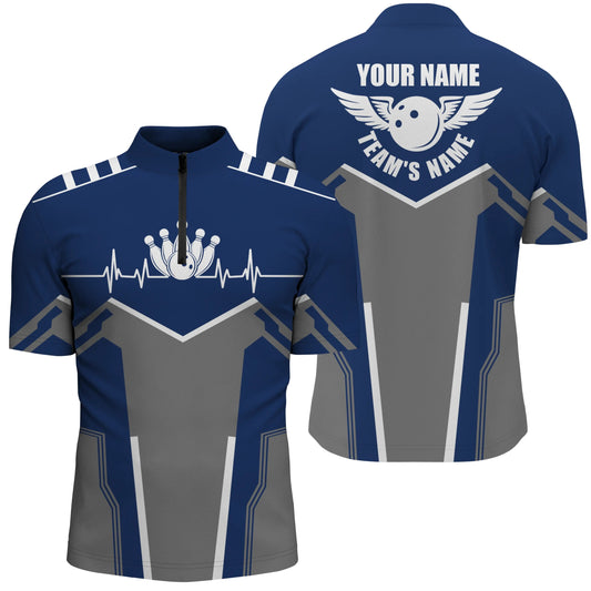 Personalisierte Bowlingshirts für Herren mit individuellem Namen und Teamnamen | Bowlingkugel & Pins Herren Quarter-Zip-Shirt | Marineblau Q4900 - Climcat