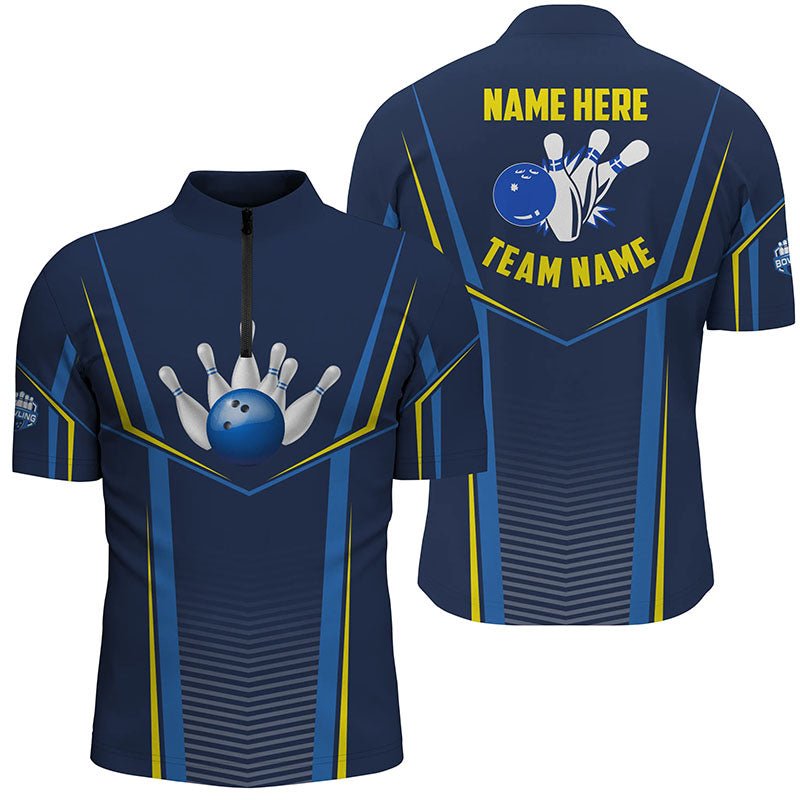 Personalisierte Bowlingshirts für Herren mit Viertelreißverschluss, individueller Name, Bowlingkugeln und Bowlingteam Liga Shirt | Blau Q6210 - Climcat