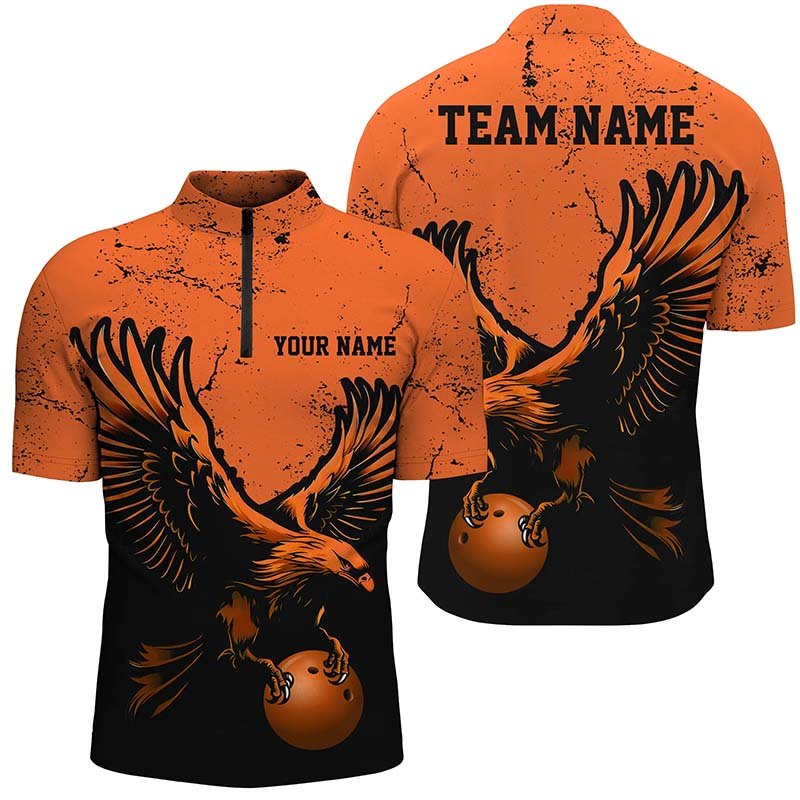 Personalisierte Bowlingshirts für Herren - Orange Adler Design - Vintage Bowling Team Trikots - Viertelreißverschluss - P5343 - Climcat