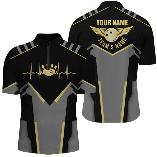 Personalisierte Bowlingshirts für Herren - Schwarzes Design mit individuellem Herzschlagmuster - Team Trikots für Bowling - Q5245 - Climcat