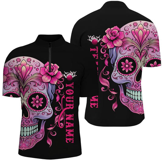 Personalisierte Bowlingshirts mit Pinkem Sugar Skull Tattoo Motiv, Unisex, Viertelreißverschluss, Halloween Team Bowling Trikots P5243 - Climcat