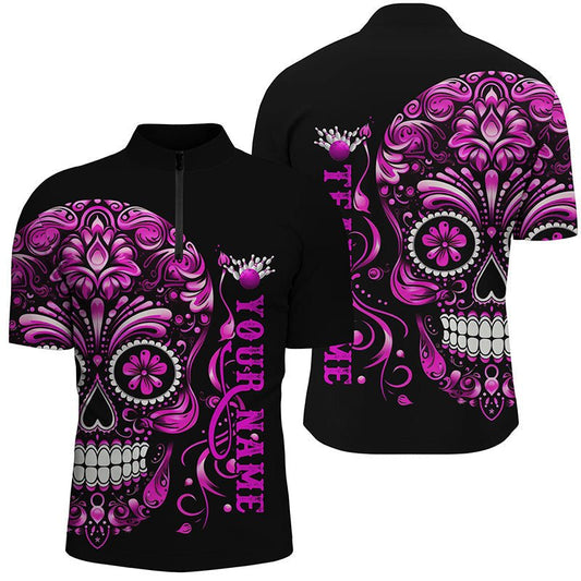 Personalisierte Bowlingshirts mit Pinkem Sugar Skull Tattoo Motiv, Unisex, Viertelreißverschluss, Halloween Team Bowling Trikots P5244 - Climcat