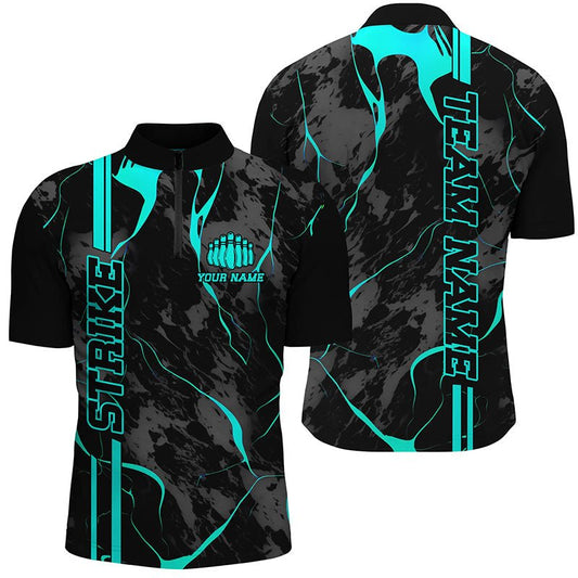 Personalisierte Cyan Blaue Strike Bowling Shirts für Herren - Viertelreißverschluss, Camo Bowling Team Trikots für Bowling Liga P5383 - Climcat