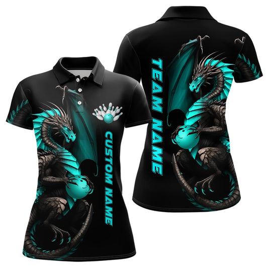 Personalisierte Cyan Dragon Bowling Polo Shirts für Damen - Team Bowling Trikots - Bowler Outfit - Hochwertige Damenbekleidung - P5332 - Climcat
