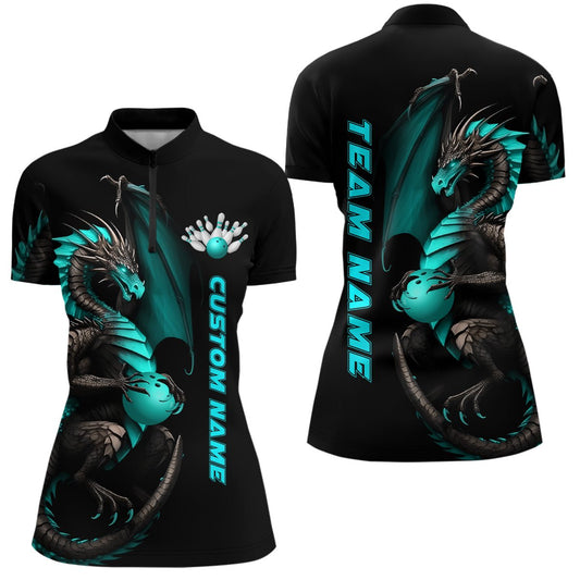 Personalisierte Cyan Dragon Bowling Quarter Zip Shirts für Damen - Team Bowling Trikots - Bowler Outfit P5332 - Climcat