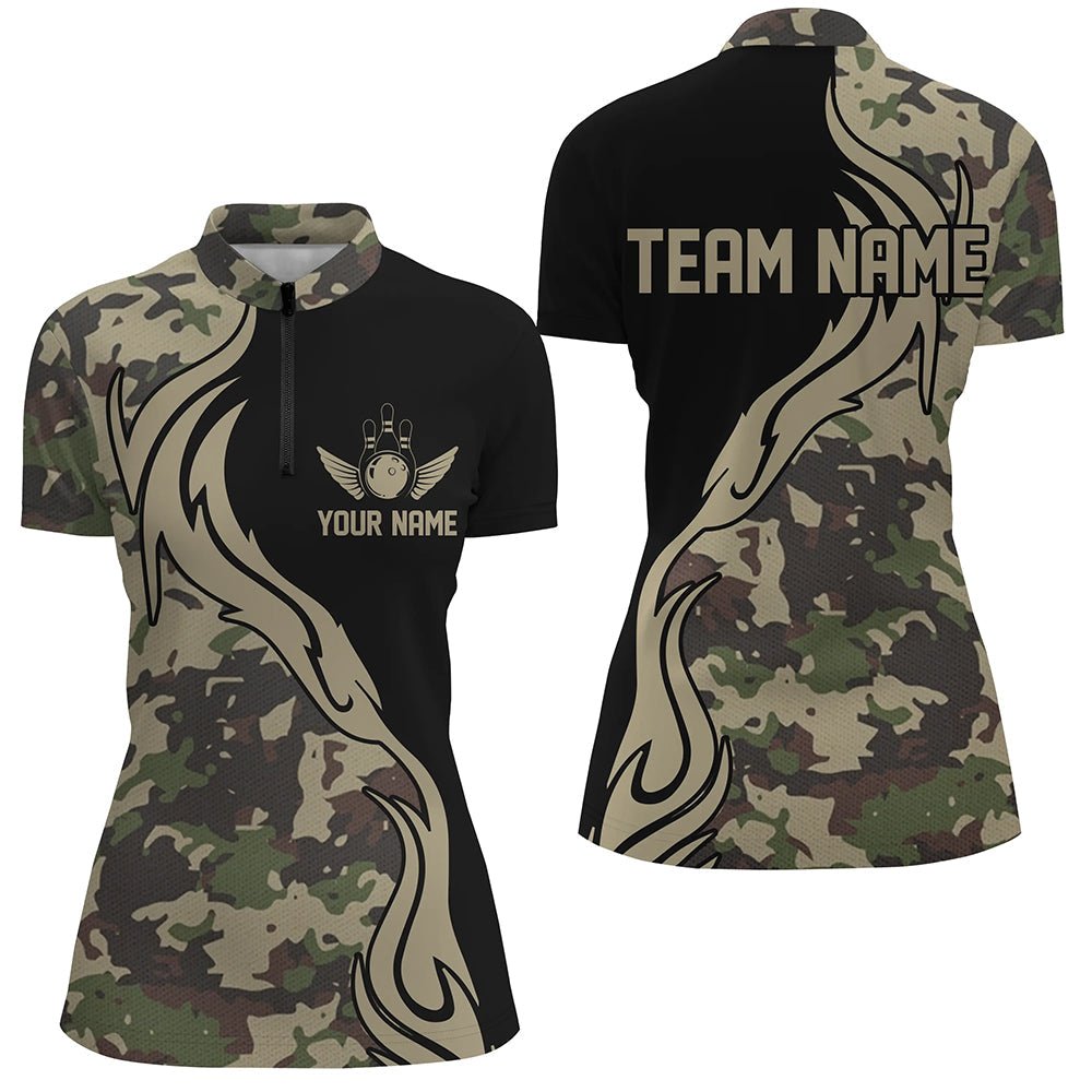 Personalisierte Damen-Bowling-Liga-Shirts in Militärgrünem Tarnmuster für das Bowling-Team P5517 - Climcat